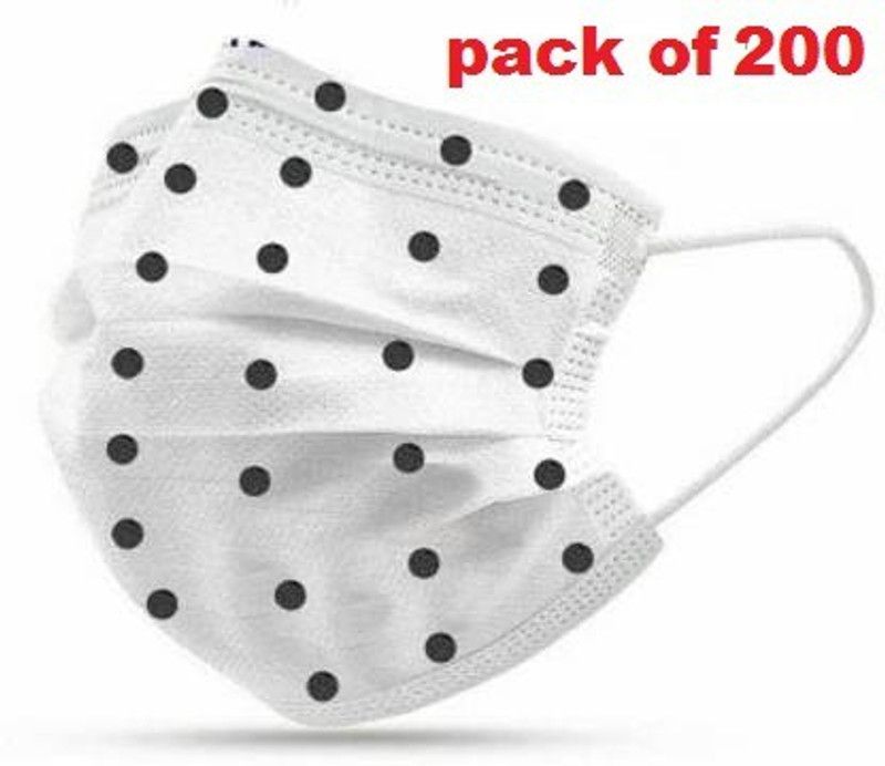 Arcon PACK OF 200 POLKA DOT 3 PLY SURGICAL MASK POLKA DOT SURGICAL MASK Surgical Mask  (White, Black, Free Size, Pack of 200, 3 Ply)