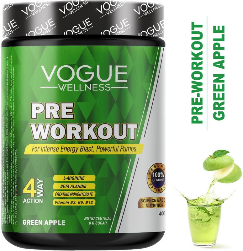 Vogue Wellness Advanced PRE WORKOUT Supplement Beta Alanine for Intense Muscle Pump BCAA  (400 g, GREEN APPLE)