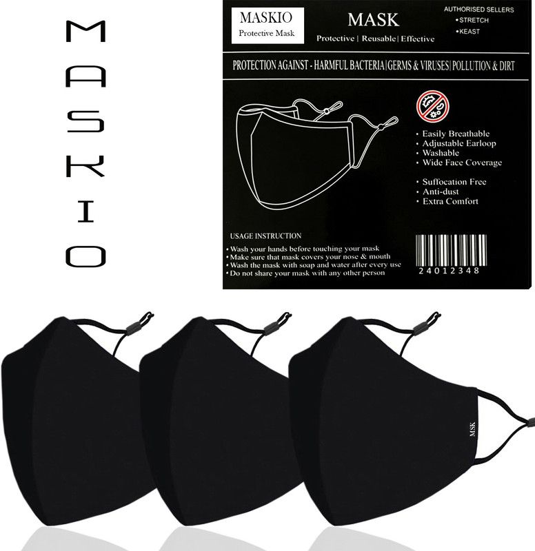 MASKIO Protective Mask Black Anti - Pollution Cotton Face Mask Black Pack of 3 Reusable, Washable Cloth Mask  (Black, Free Size, Pack of 3)