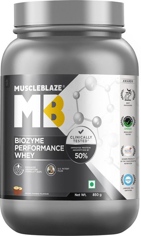 MUSCLEBLAZE Biozyme Performance, Informed Choice UK & Labdoor USA Certified Whey Protein  (850 g, Kesar Thandai)
