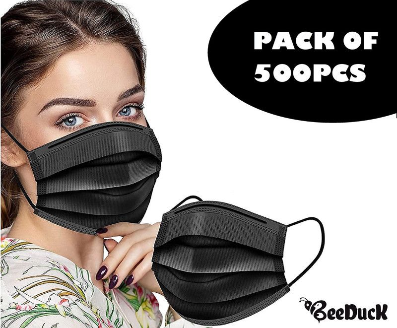BeeDuck Black Surgical Mask With Nose Pin Disposable ISO Certified 3Ply Face Mask Reusable, Water Resistant, Non-Washable Surgical Mask With Melt Blown Fabric Layer  (Black, Free Size, Pack of 500, 3 Ply)
