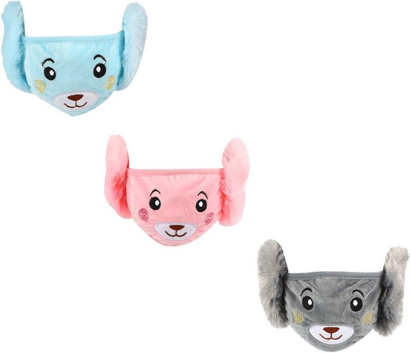 Pushcart ™ Fashion Kids Combo Woolen Mask, Warm Winter Woolen Mask for Boys And Girl's fit for 5 to Adult Year Kids Washable, Reusable Cloth Mask Reusable Teddy Bear Face Mask With Warm Plush Earmuffs for Kids Cloth Mask  (Multicolor, S, Pack of 3)