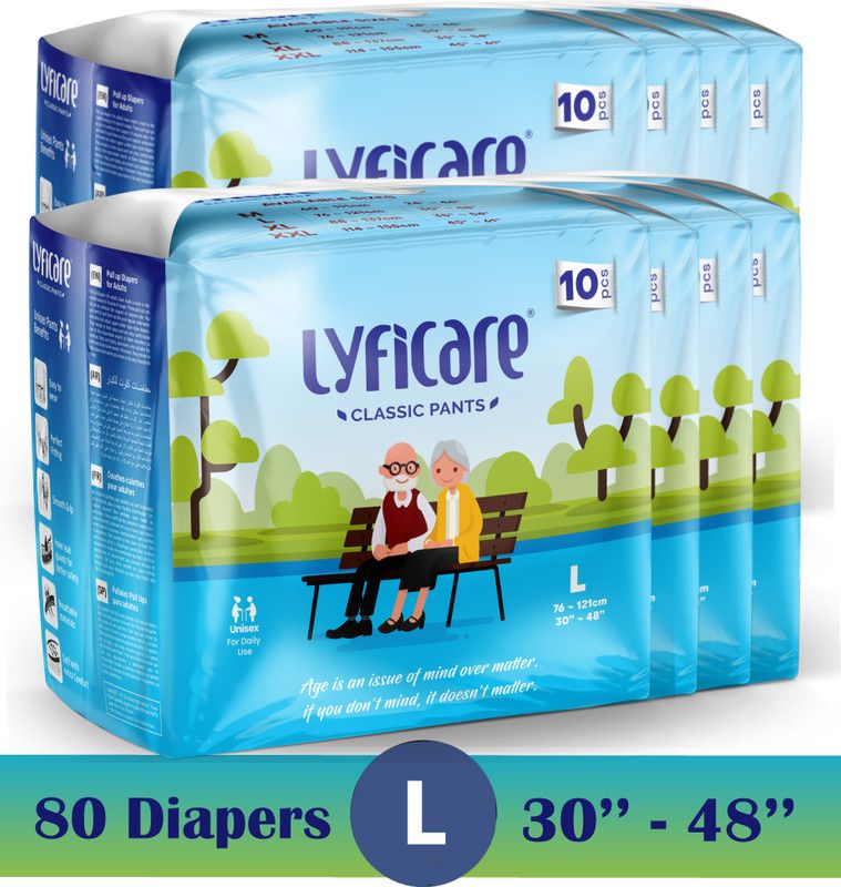lyficare Classic Pants-Adult Diaper|Large-80Pcs|Pack of 8|WaistSize:76-121 Cm|30 -48Inch| Adult Diapers - L  (80 Pieces)