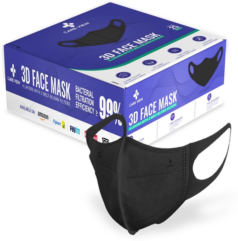 careview 3D Disposable Face Mask with Soft Spandex Ear loop CV 3D Face Mask  (Black, Free Size, Pack of 25)