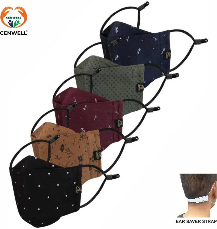 CENWELL 5 Pc Pure Cotton 3D Face Mask 6 Layer Filtration & Head Band Strip for Men Women SAFETY PRINTED MASK Water Resistant, Reusable, Washable Cloth Mask With Melt Blown Fabric Layer  (Multicolor, Free Size, Pack of 5, 6 Ply)