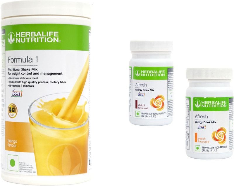 HERBALIFE Formula1 Shake - Mango Flavor With Afresh Energy Drink - Elaichi & Peach Flavor Plant-Based Protein  (600 g, Mango)