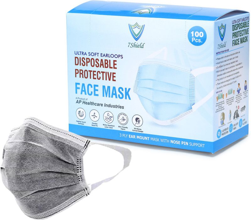 7SHIELD CE and ISO Certified with Extra soft Fabric ear loop and Inbuilt Plastic coated Nose pin disposable unisex mask soft fabric Ear loop Soft loop Mask Water Resistant Surgical Mask  (Grey, Free Size, Pack of 100, 3 Ply)