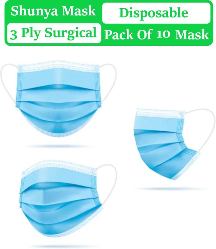 shunya 10 Pcs Virus Protected With Nose Pin 3 Ply Disposable Mask For Men , Women & Kids Reusable Washable Blue 3 layer Protection Reusable, Washable Surgical Mask With Melt Blown Fabric Layer  (Blue, Free Size, Pack of 10, 3 Ply)