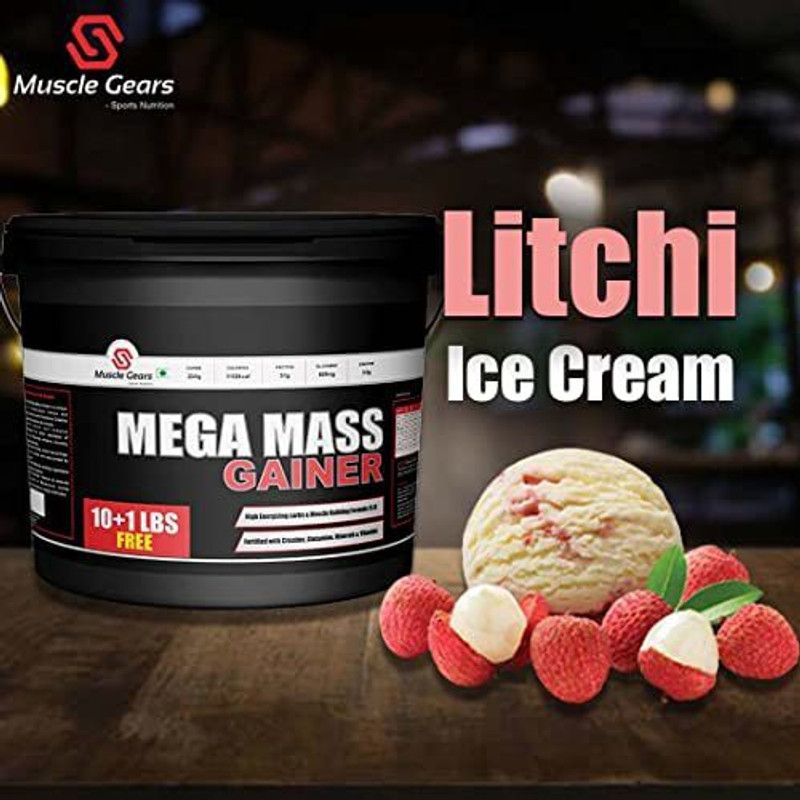 Muscle Gears Mega Mass Gainer 11 lbs Litchi Ice Cream Whey Protein  (4.98952 kg, Litchi Ice Cream)
