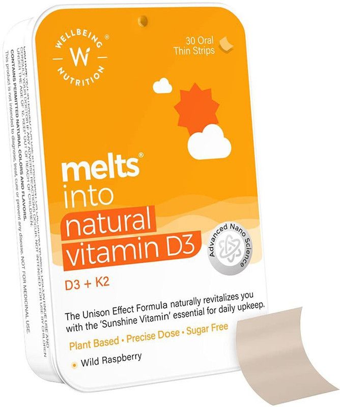 Wellbeing Nutrition Melts Natural Vitamin D3 + K2 (MK-7) for Heart,Muscle,Bone and Cellular Protection  (30 No)