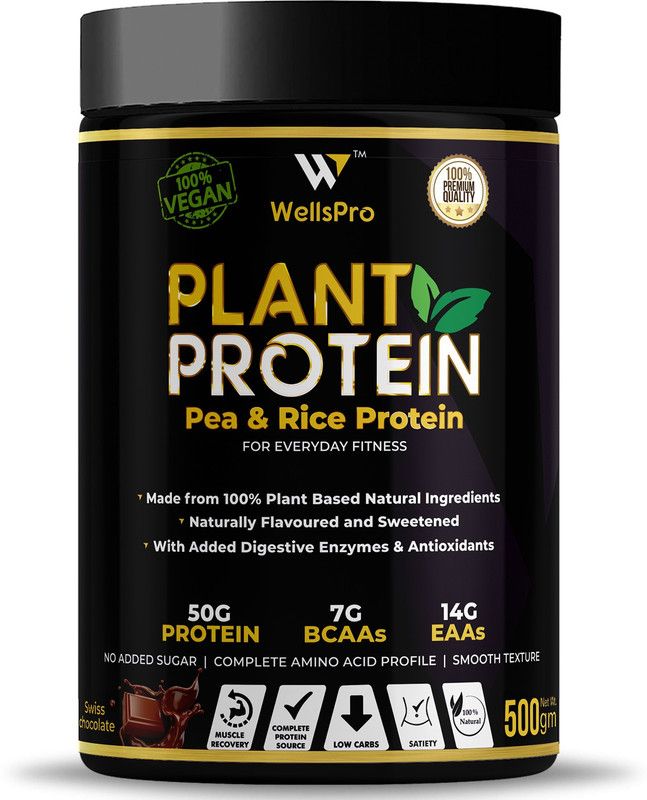 WellsPro Plant Protein Powder 500g [17 Servings] Pea Protein Brown Rice Protein 100% Vegan Plant-Based Protein  (500 g, Swiss Chocolate)
