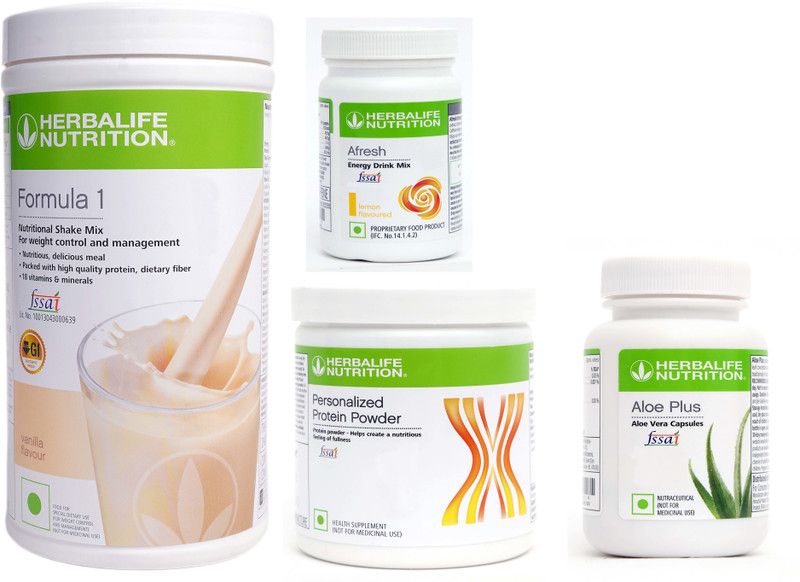Herbalife Nutrition FORMULA-1SHAKE VANILLA+PROTEIN POWDER+AFRESH-LEMON+ALOE PLUS Nutrition Drink  (4x0.2 g, STRAWBERRY-500, PROTEIN POWDER -200, LEMON-50, ALOE PLUS - 60 Flavored)