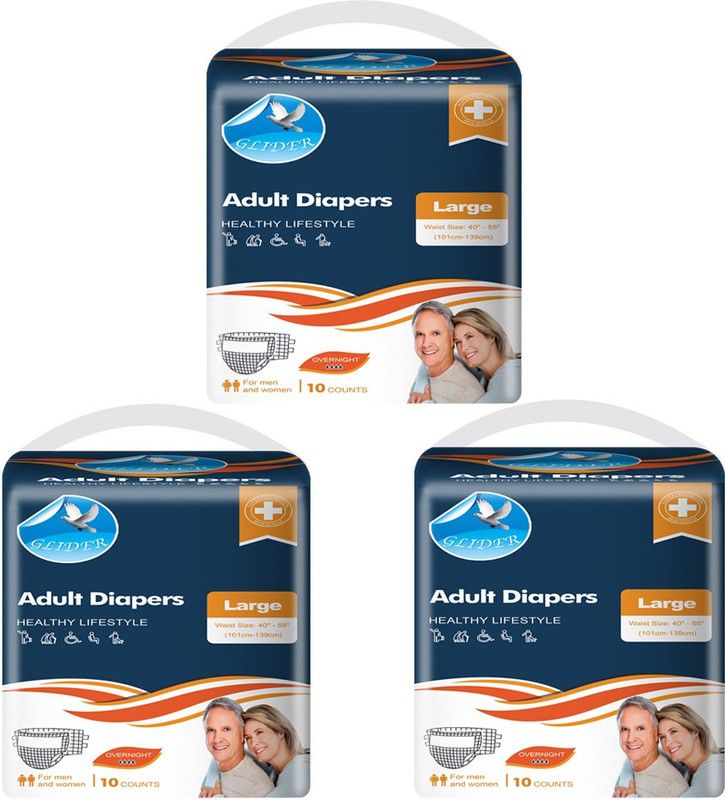 GLIDER Adult Diaper LARGE - 40-55 Inch, 101-139 cm ( Pack of 3 ( 30 Count )) Adult Diapers - L  (30 Pieces)