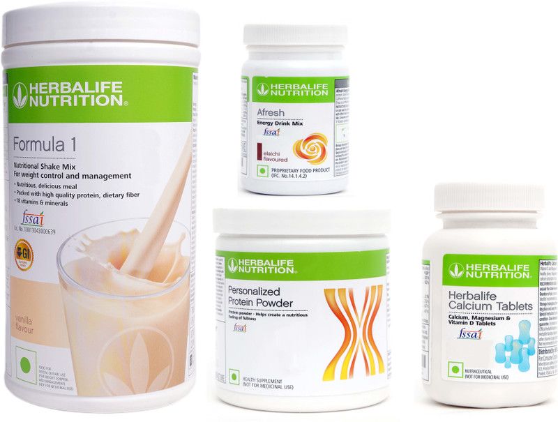 Herbalife Nutrition FORMULA -1 SHAKE VANILLA+ PROTEIN POWDER+ AFRESH- ELACHI+ CALCIUM TABLET Nutrition Drink  (4x0.2 kg, VANILLA-500GM, PROTEIN POWDER -200GM, ELACHI-50GM, CALCIUM - 60 TabletS Flavored)