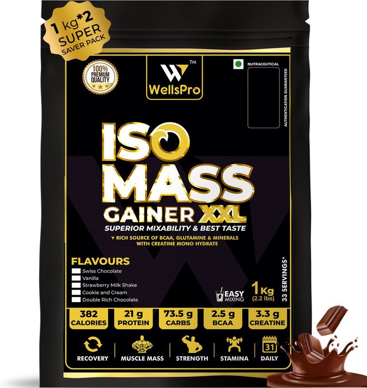 WellsPro ISO MASS Gainer XXL Protein Powder 2kg [66 Servings] with BCAA Glutamine Creatine Weight Gainers/Mass Gainers  (2 kg, Swiss Chocolate)