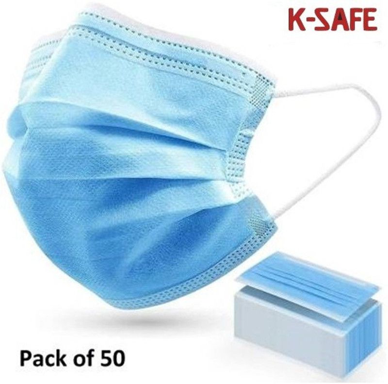 Ksafe SUPER 50 PCS POLYPACK Water Resistant, Reusable Surgical Mask With Melt Blown Fabric Layer  (Blue, Free Size, Pack of 50, 3 Ply)
