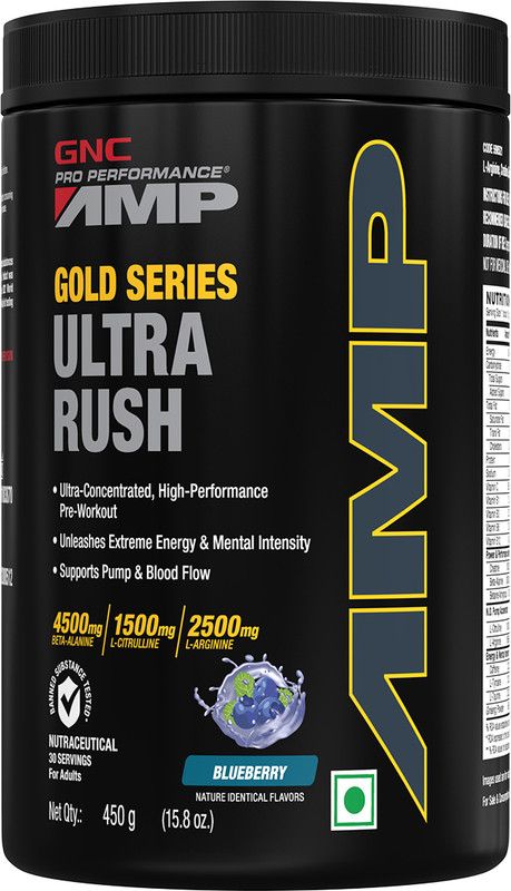 GNC AMP Gold Series Ultra Rush | 4.5g Beta-Alanine | 450 gm (Blueberry) Pre Workout  (450 g, Blue Raspberry)
