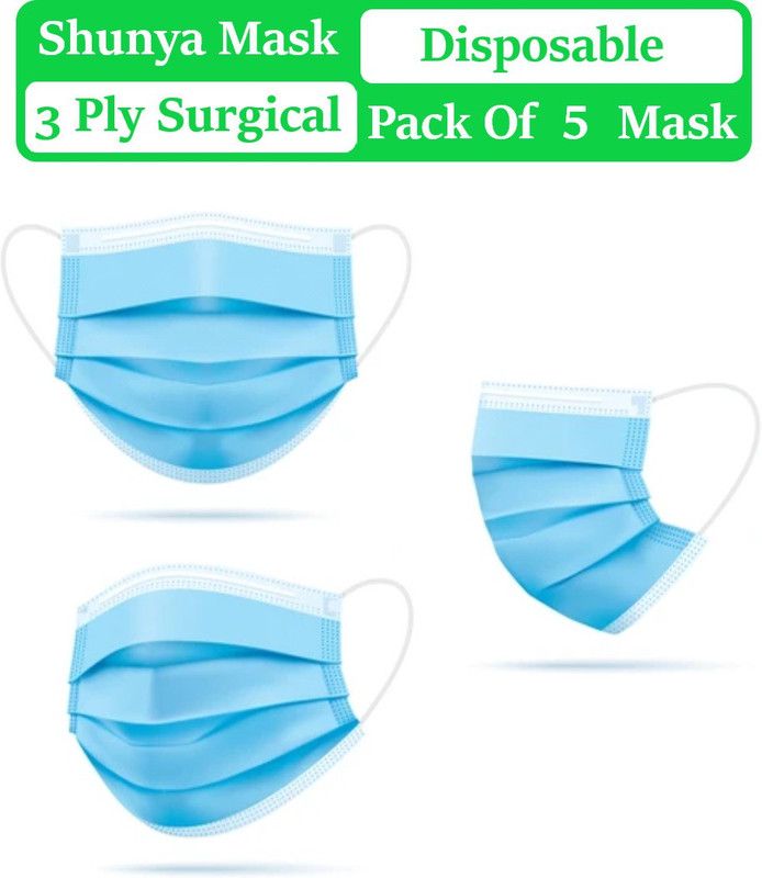 shunya 5 Pcs Virus Protected With Nose Pin 3 Ply Disposable Mask For Men , Women & Kids Reusable Washable Blue 3 layer Protection Reusable, Washable Surgical Mask With Melt Blown Fabric Layer  (Blue, Free Size, Pack of 5, 3 Ply)