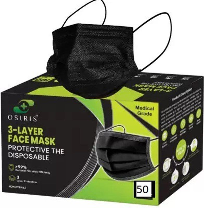 osiris Surgical Mask with Melt Blown Layer Certified by ISO, CE,GMP, FDA Disposable ADB_001_50 Water Resistant Surgical Mask  (Black, Free Size, Pack of 50, 3 Ply)