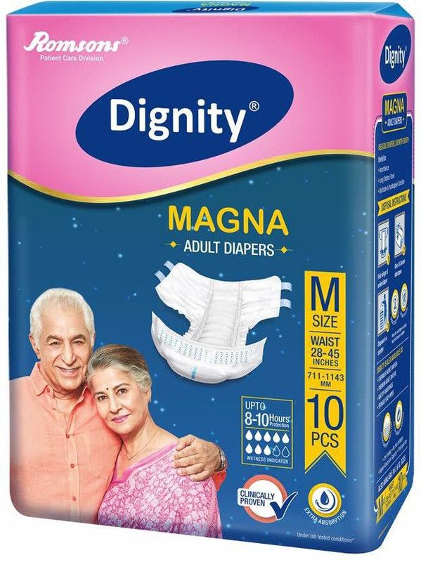 ROMSONS DIGNITY Magna Adult Diaper Medium 10 Pcs, Waist Size 28”- 45”, (Pack of 6) Adult Diapers - M  (60 Pieces)