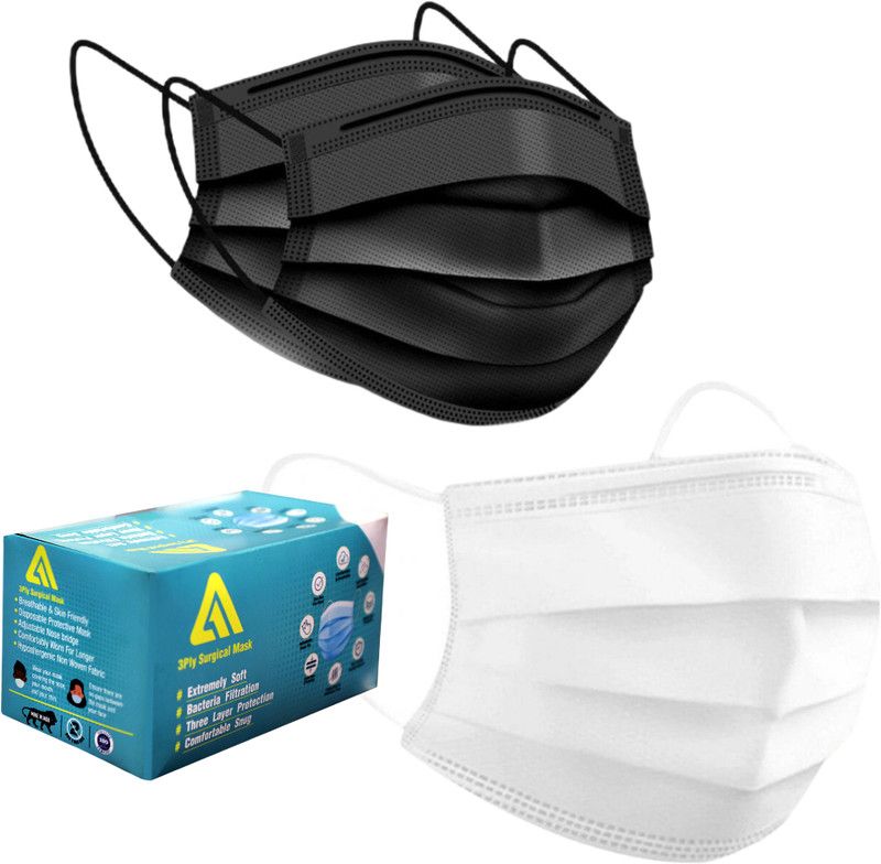 A1 Antiviral & Pollution, Surgical Face Mask With Nose Cap Combo Black-White 400Pcs Non-Reusable Surgical Mask With Melt Blown Fabric Layer  (Black, White, Free Size, Pack of 400, 3 Ply)