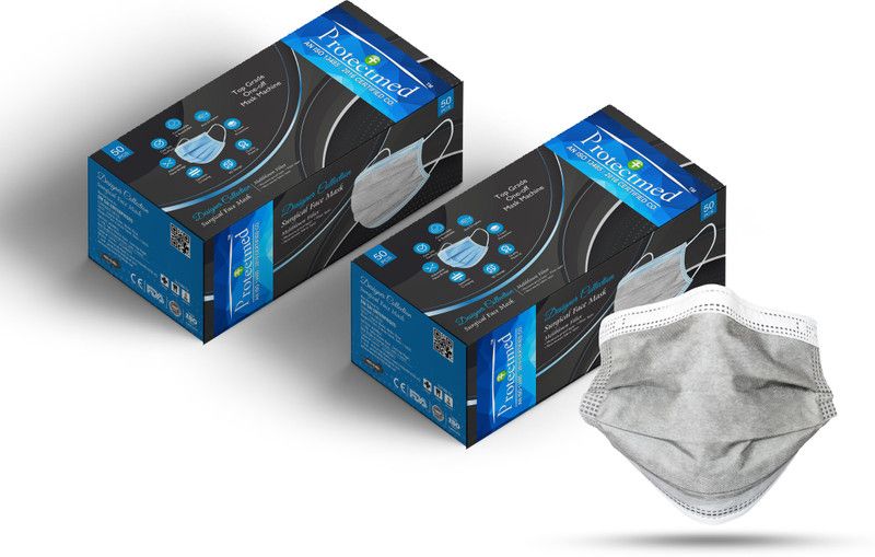 protectmed Light Black 30 GSM Extra Thick Melt Blown (SMMS) PREMIUM Fabric PREMIUM Layer Fabric Durable Elastic Adjustable Nose Clip ISO Certified BFE>98% Water Resistant, Non-Washable, Non-Reusable Surgical Mask  (Free Size, Pack of 100, 3 Ply)