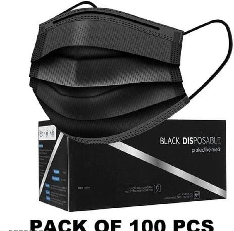 VISHCRISH 3-Ply Disposable Face Mask Non Medical Surgical Earloop Mouth Cover Cloth Mask With Melt Blown Fabric Layer  (Black, Free Size, Pack of 100, 3 Ply)