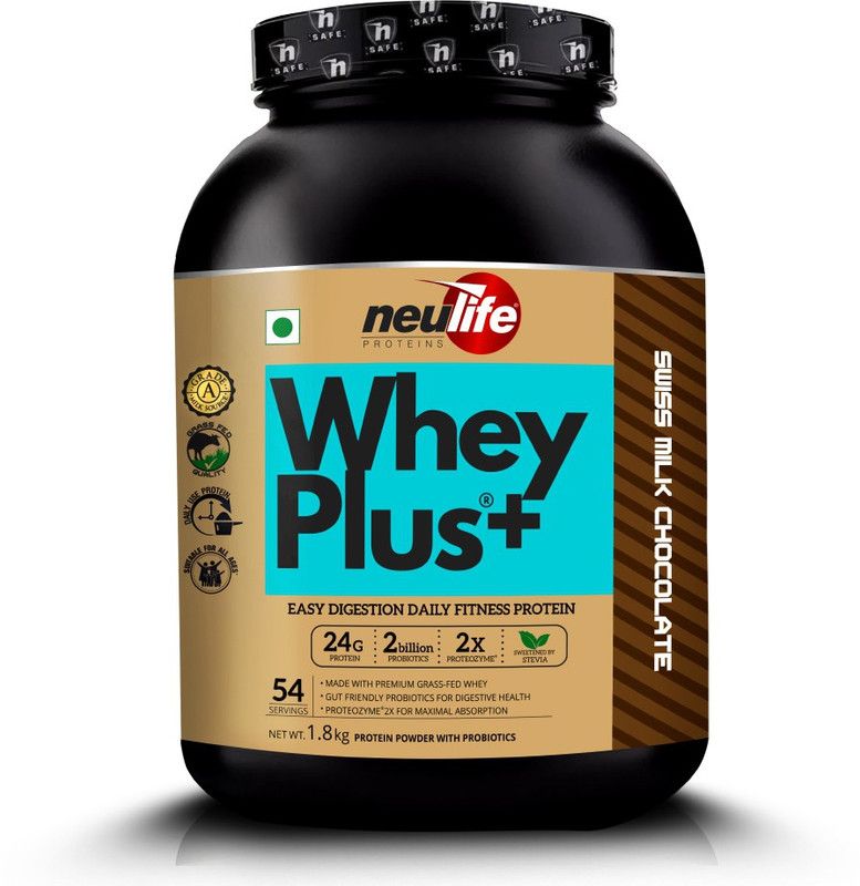 Neulife WHEYPLUS® Gut-friendly Grass-Fed Whey Protein Powder + Probiotics & Proteozymes Whey Protein  (4 pounds, Swiss Chocolate)