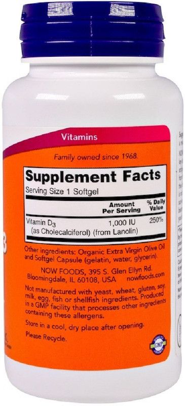 Now Foods Now Foods, Vitamin D-3, 1,000 IU, 180 Softgels  (180 No)