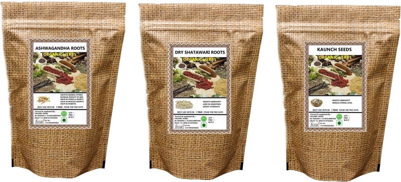 ORGANIC HERBS DRY ASHWAGANDHA , SHATAWARI & KAUNCH BEEJ 50 GM EACH  (3 x 50 g)