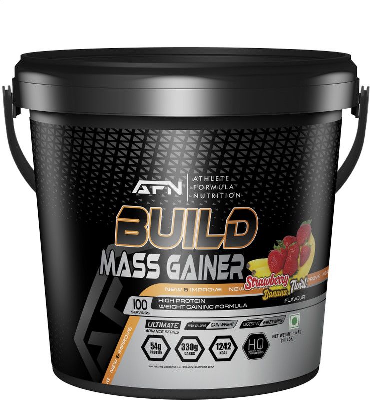 AFN Build Mass Gainer 5kg Strawberry Banana Twirl 100 Servng Weight Gain 100%Natural Weight Gainers/Mass Gainers  (5 kg, Strawberry Banana Twirl)