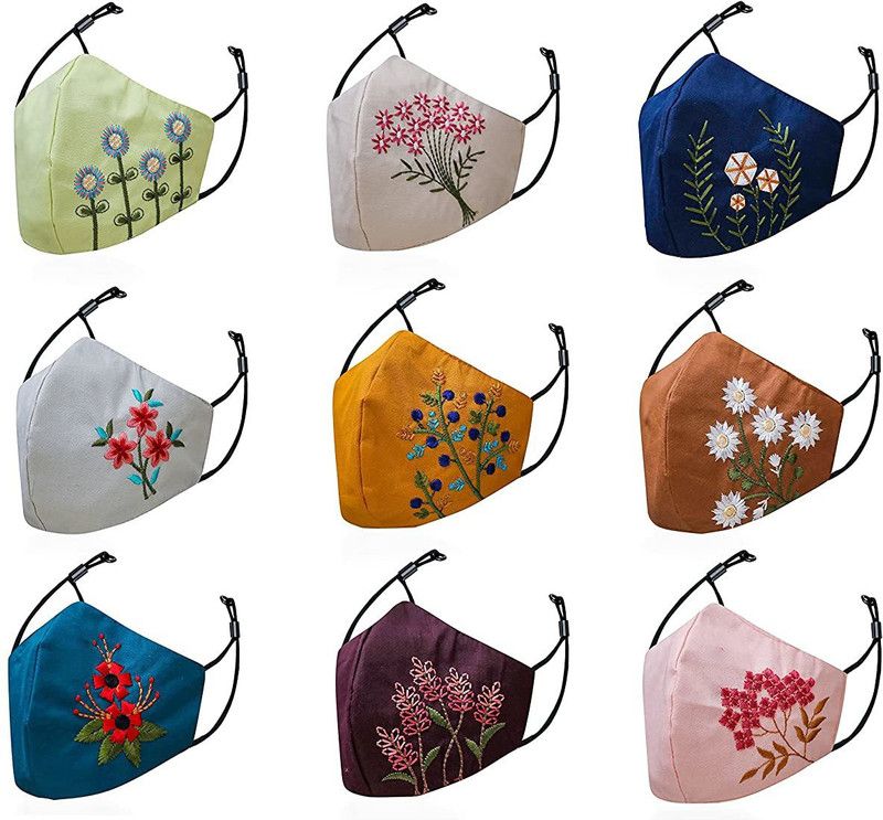 Ryzus Anti Pollution Festive Fashionable Face Mask for girl and women embroidery designer mask Cotton Designer Mask Designer face mask embroidery designer mask Cotton Designer Mask Cloth Mask  (Free Size, Pack of 9, 2 Ply)