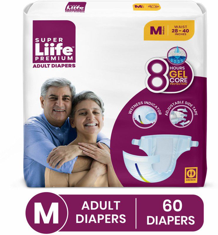 Super Liife Taped Style Adult Diaper, Unisex| 8 Hour Gel Core Protection| Wetness Indicator| - M  (60 Pieces)