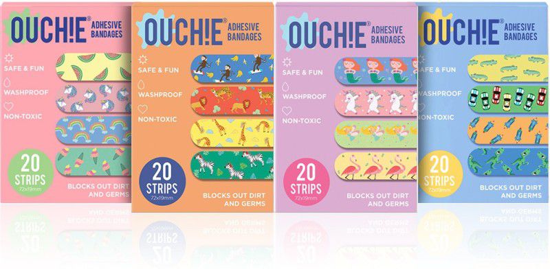 Aya Papaya Ouchie Non-Toxic Printed Bandages - ( Pink, Orange, Blue & Lavender ) Adhesive Band Aid  (Set of 4)