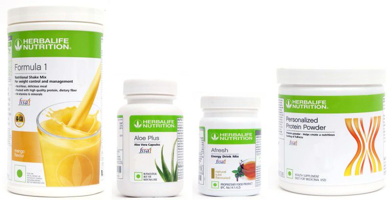 HERBALIFE Formula 1 mango and protein powder 200 and aloe plus and afresh tulsi. Nutrition Drink  (4x200 g, formula 1 mango 500 gm, protein powder 200 gm, afresh tulsi Flavored)