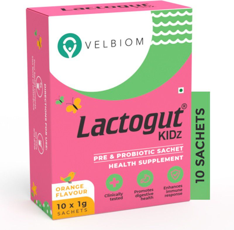 Velbiom Lactogut Kidz Probiotics|Kids Gut Health|Immunity Orange Powder  (10 No)