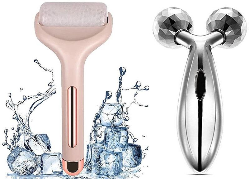 Harsh narrow fab 3D Y Shape Aluminium Microcurrent Face Platinum Roller Massager Ice Facial Skin Care Tool with Cooling Gel for Face and Eyes Massager  (Pink, Silver)