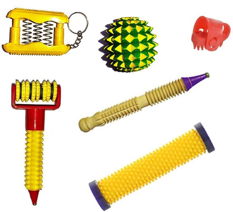 Vigeeyan VG-44029 Acupressure Magnetic face massager with wooden ball, thumb rings, jimmy, soft roller and palm exerciser combo/accupuncture/ stress relief Massager  (Multicolor)