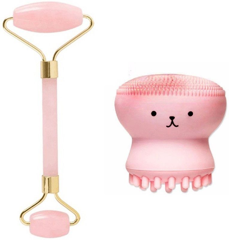 Getmecraft Rose Quartz Roller with Face Cleaning Brush Rose Quartz face Roller For Skincare WITH FREE OCTOPUS SHAPE FACE CLEANING BRUSH Rose Quartz Facial Roller - Best Face Roller and Skincare Tool for Facial Massage Massager  (Pink)