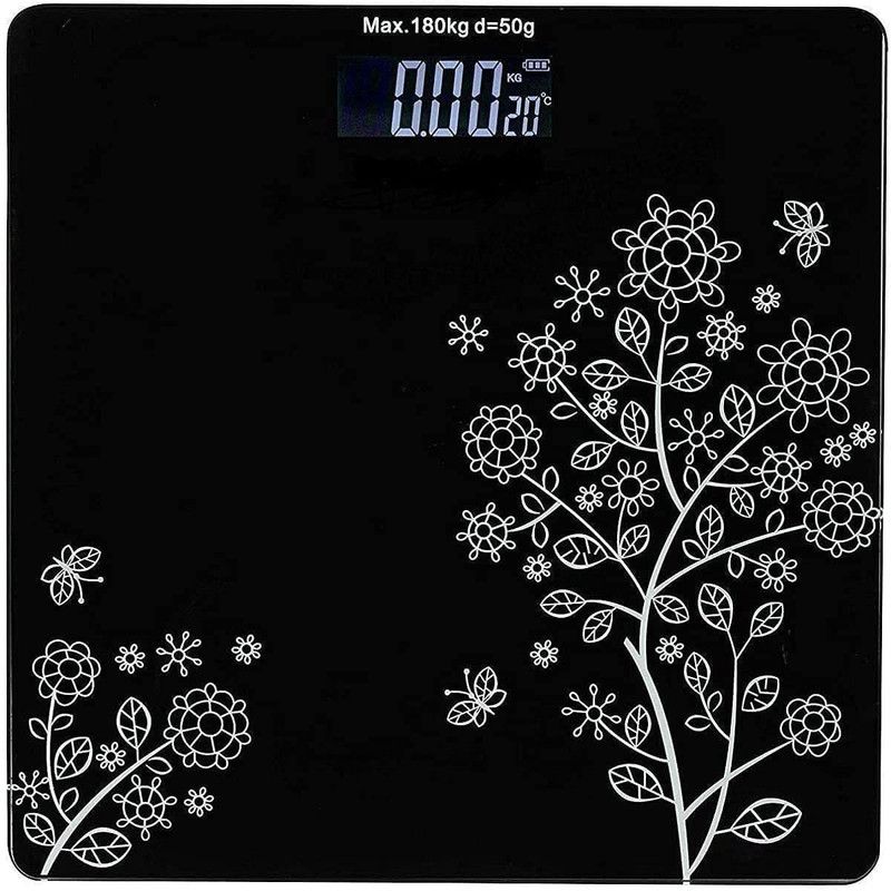 K KING Automatic Personal Digital Weight Machine Heavy Duty Electronic Thick Tempered Glass LCD Display Square Electronic Digital Weighing Scale, FLOWER DESIGN BLACK WEIGHT SCALE Weighing Scale  (Black)