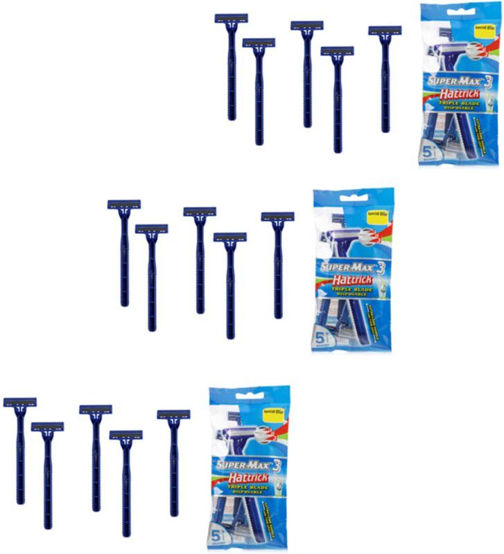 Supermax Hattrick Triple Blade Disposable 5 Razor - Pack of 3 Shaver For Men  (Blue)