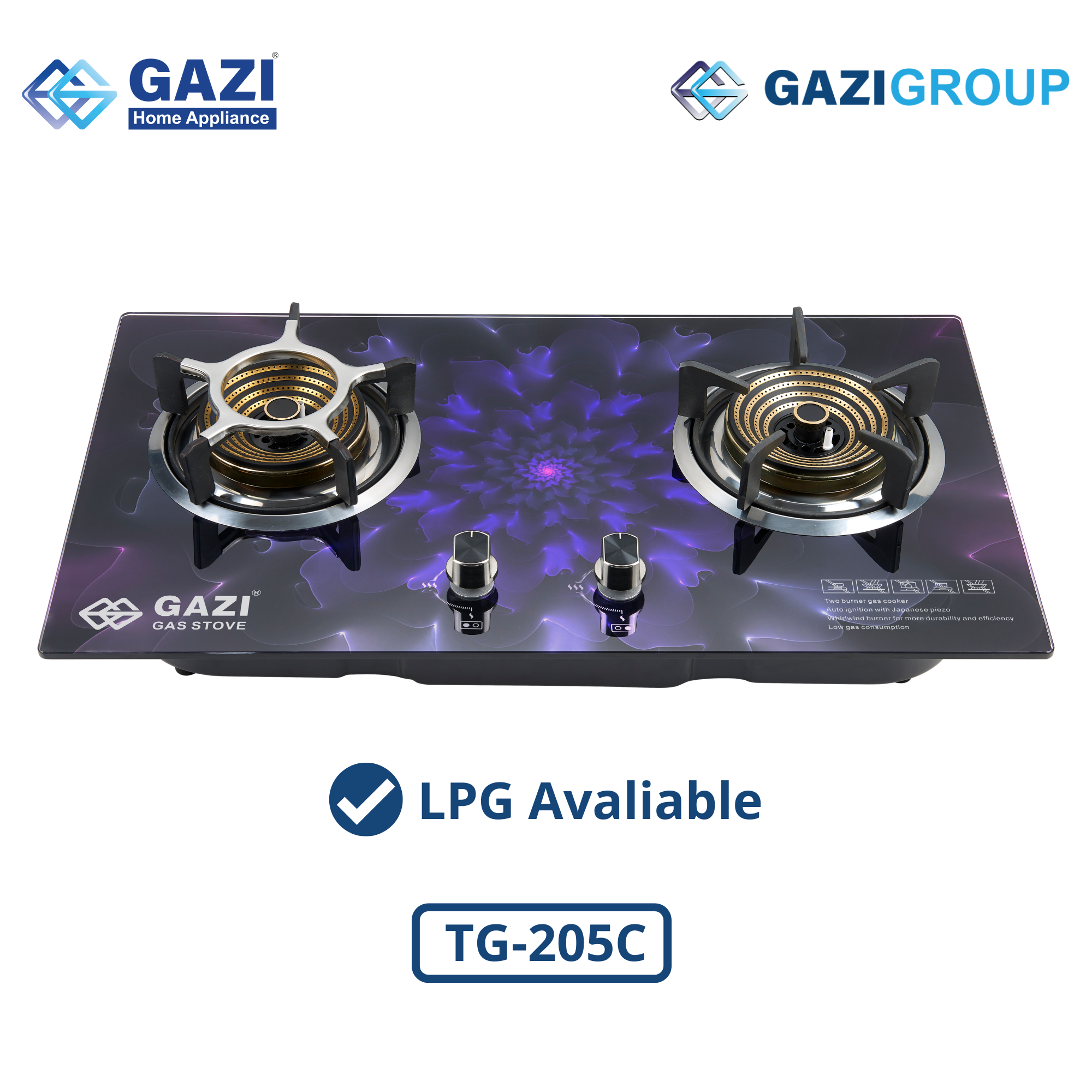 Gazi Gas Tempered Glass Auto Double Burner Tg-205 Lpg - Gas Stove