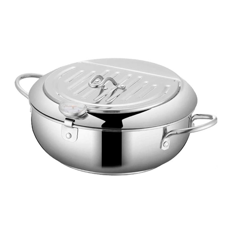 Tempura Frying Pot, Japanese Style 304 Stainless Steel Deep Fryer Pan with Thermometer,Lid and Drip Drainer Rack