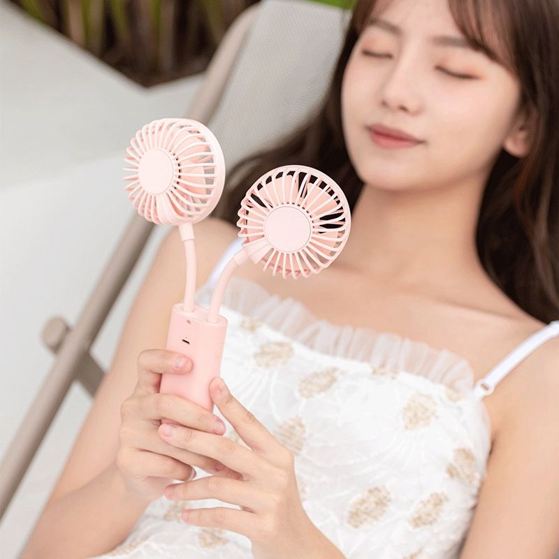 Mini Handheld Fan Foldable Couple Double Head Fan 3000MAh Portable USB Charger Fan 360 Degree Adjustment-Pink
