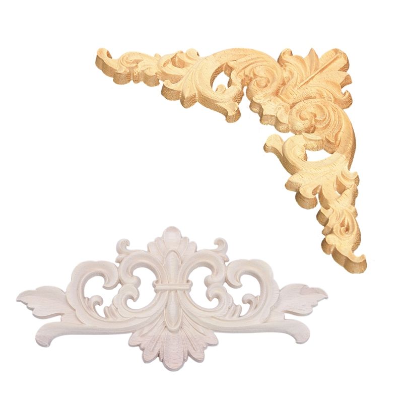 2 Pcs Unpainted Wood Oak Carved Corner Onlay Applique Furniture Home Decor Woodcarving Decal ,12.5X12.5Cm & 22X10 Cm