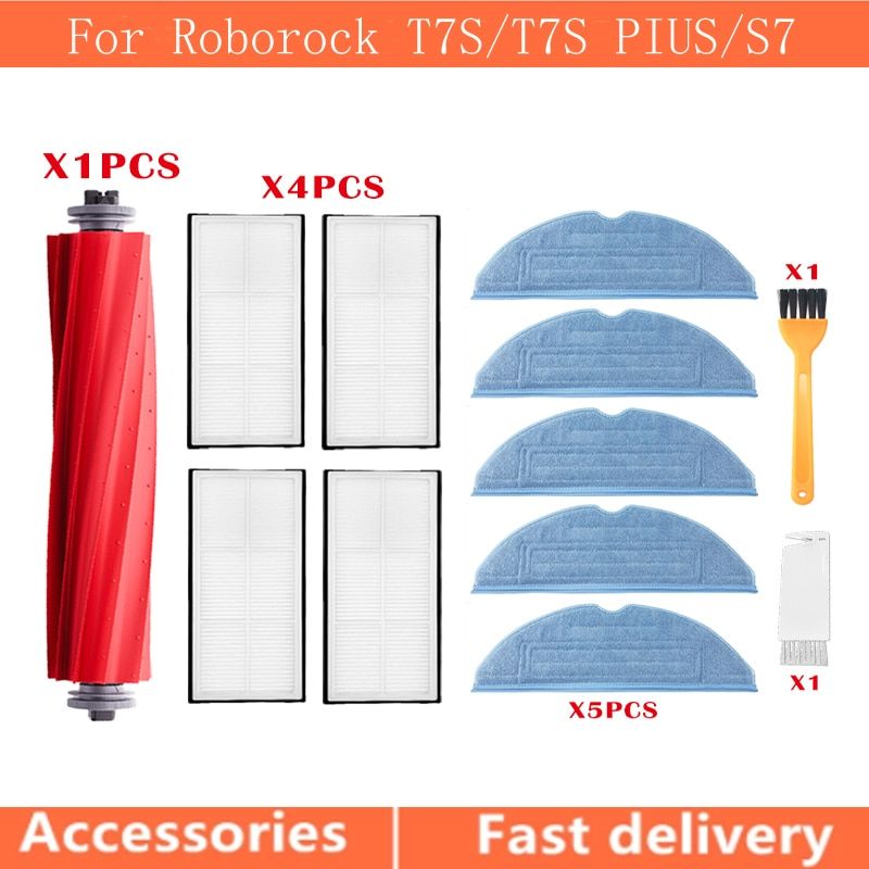 For Roborock S7 T7S T7Splus Robot Vacuum Cleaner Accessories Main Side Brush Mops Cloths Water Tank HEPA Filters Charge Docking-black