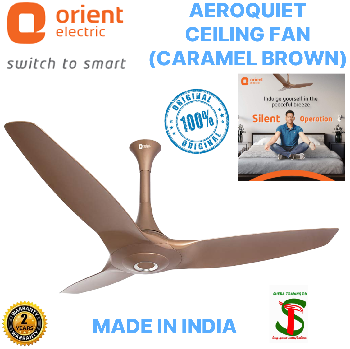 Orient Aeroquiet Ceiling Fan Caramel Brown 1200mm (48 inches)