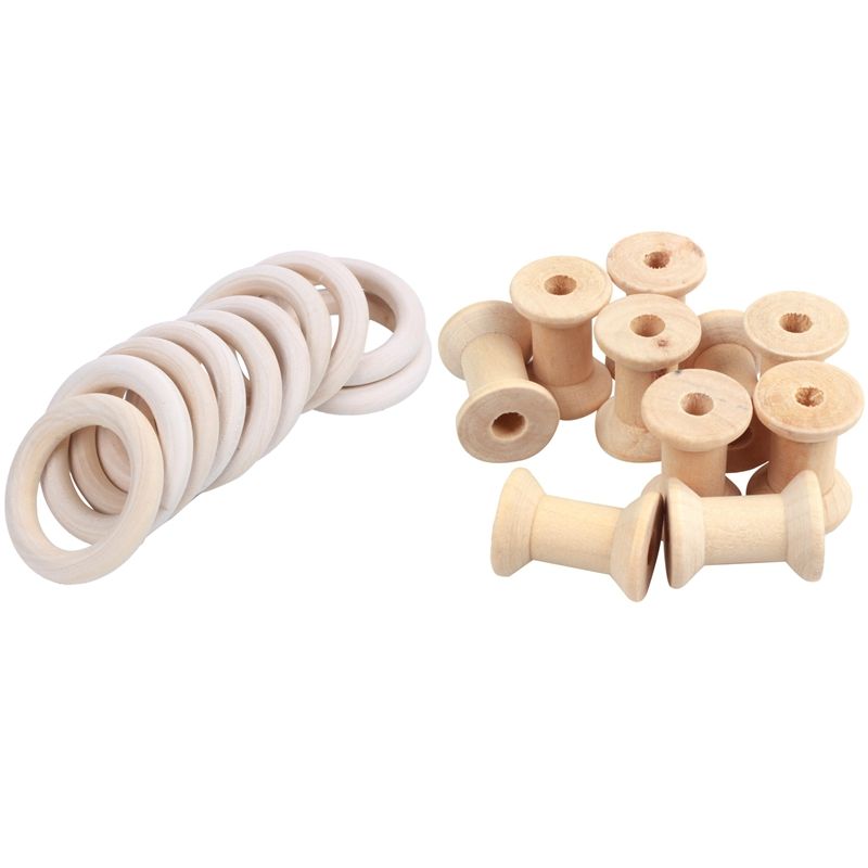 20 Pcs Wooden Accessories: 10 Pcs Diameter 50Mm Natural Wooden Rings & 10 Pcs 29Mmx23Mm Natural Color Empty Wooden Thread Spools