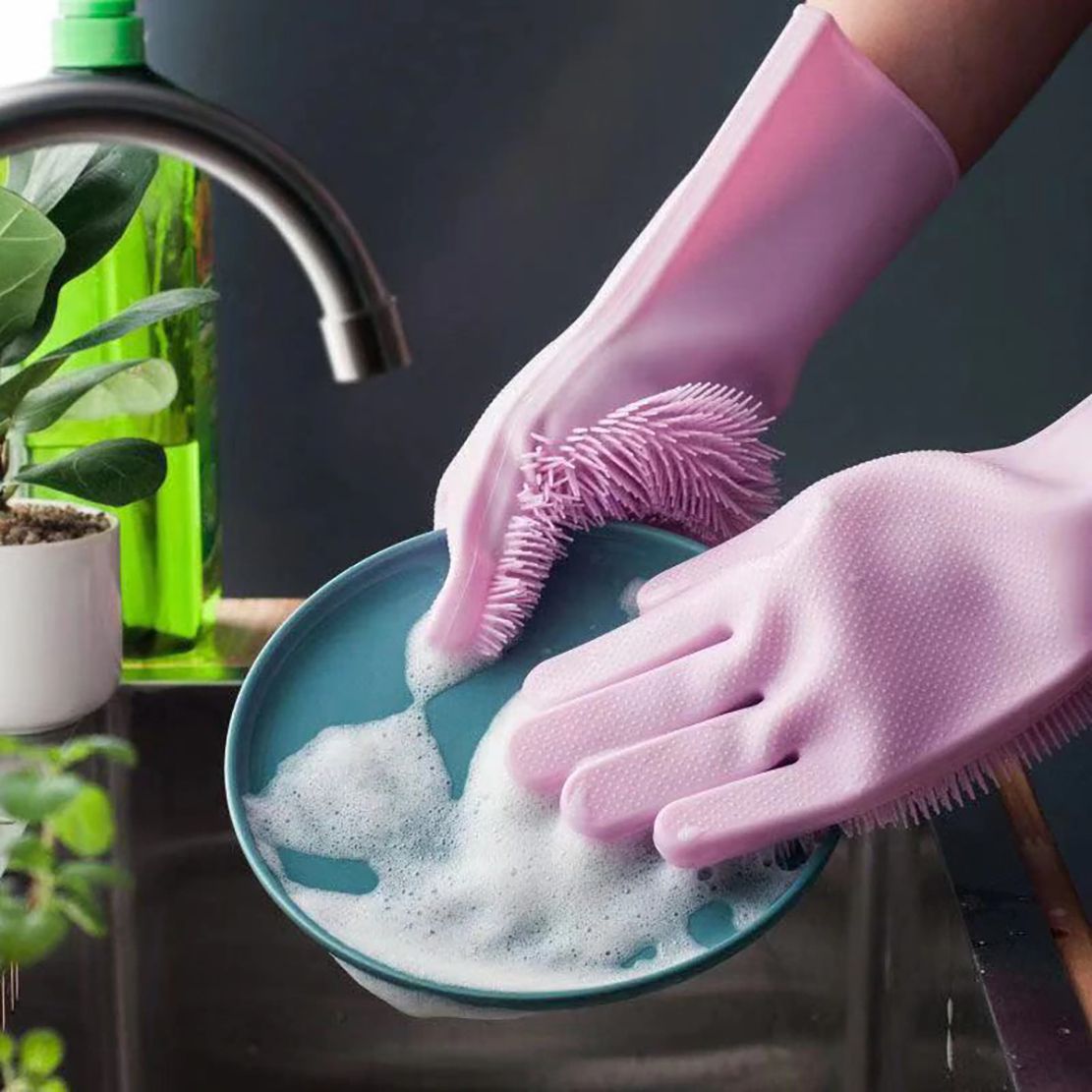 Magic Silicone Dishwashing Scrubber Dish Washing Sponge Rubber Scrub Gloves Kitchen Cleaning 1 Pair