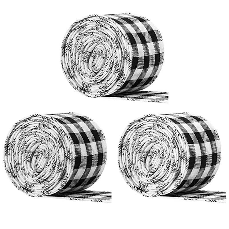 3 Rolls Wired Burlap Plaid Ribbon,Red and Black Gingham Ribbon for Gifts Wrapping,Craft&DIY Project,Home Decoration-Gray